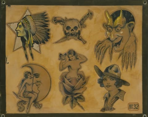 BOB WICKS, FLASH SHEET # 36, CA. 1930, PEN AND WATERCOLOR ON ART BOARD, COLLECTION OF OHIO TATTOO MUSEUM