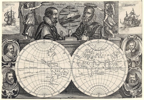 "The two sides of the globe." Ferdinand Magellan and Willem C. Schouten are both holding protractors above the maps.