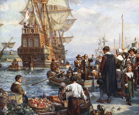 "Pilgrim Fathers boarding the Mayflower for their voyage to America," after a painting by Bernard Gribble (1872 - 1962)