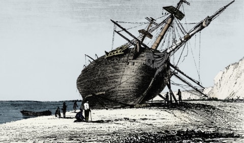 HMS 'Beagle' laid ashore, Rio Santa Cruz, Patagonia, South America, 1834 (1839).