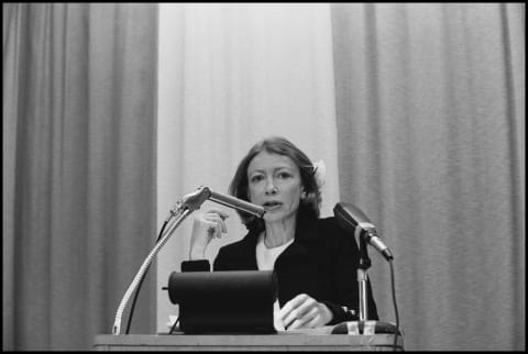 Didion speaking at California's College of Marin in 1977.