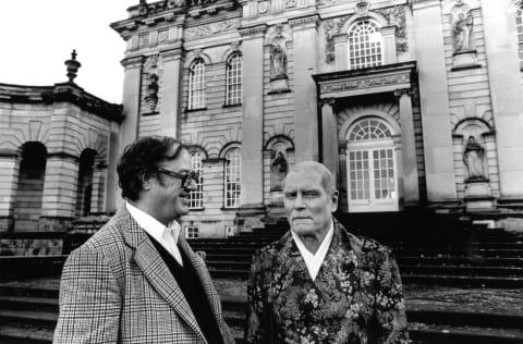 Writer John Mortimer (L) and Laurence Olivier (R) on the set of 'Brideshead Revisited' in 1979.