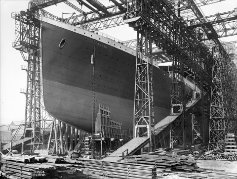 The 'Titanic' under construction in the Harland & Wolff shipyard