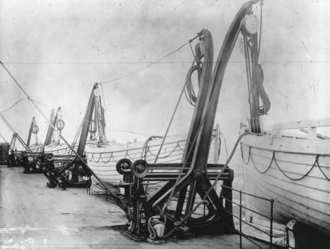 The 'Titanic''s lifeboats are placed in davits on the ship's boat deck.