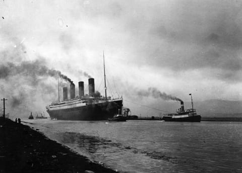 The 'Titanic' leaves Belfast harbor to start its sea trials on its way to Southampton.