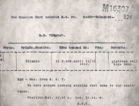 A telegram sent from the 'Titanic' and received by the SS 'Birma' at 11:45 p.m. on April 14, 1912