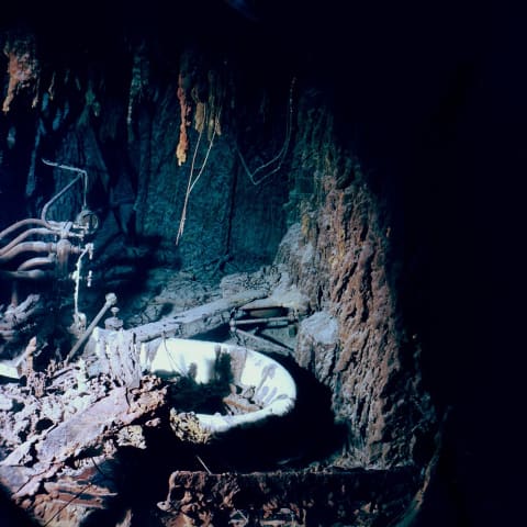 A 2004 view of the bathtub in Capt. Smith's bathroom. Rusticles are observed growing over most of the pipes and fixtures in the room.