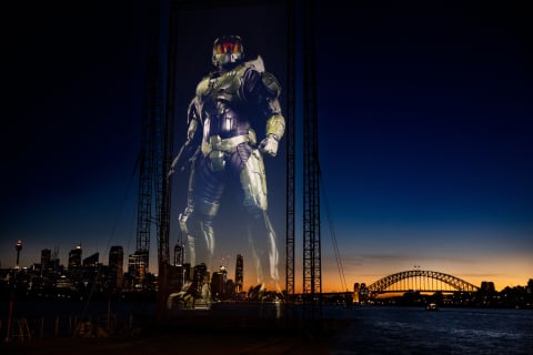 Master Chief projected over Sydney Harbour, Australia.