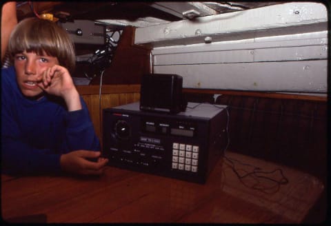 Affleck in the Mimi, listening for signals from the radio transmitter on the whale.