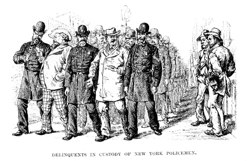 An 1882 illustration of Manhattan authorities apprehending "delinquents."