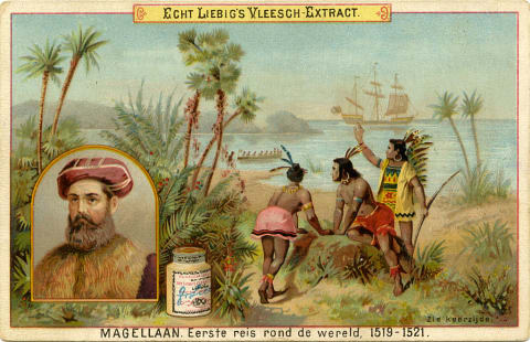 A 19th-century postcard shows a fanciful scene in Magellan's circumnavigational voyage.