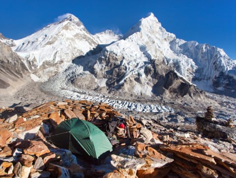 View of Mount Everest, Lhotse and Nuptse from Pumo Ri base camp