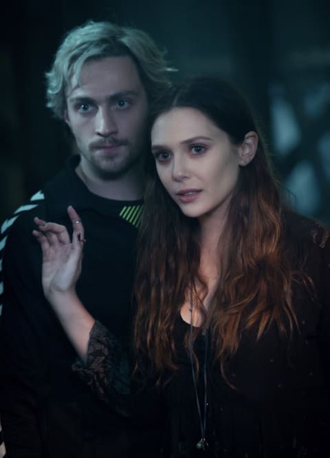 Aaron Taylor-Johnson as Quicksilver and Elizabeth Olsen as Scarlet Witch in 'Avengers: Age of Ultron' (2015).