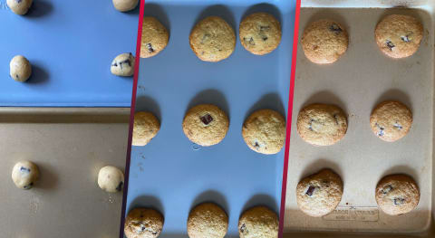 Chocolate chip cookies pre- and post-bake.