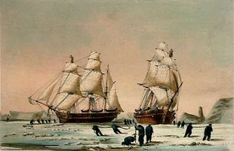 An illustration of the Enterprise and Investigator from an 1848 Arctic expedition.