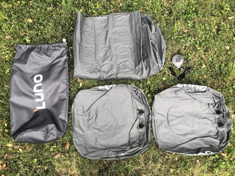 The Luno Air Mattress 2.0 comes with a carrying bag, mattress, two Base Extenders, and air pump.