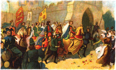 An illustration by John Jellicoe of Edward III and Philippa of Hainault arriving in York, from 'The Book of the York,' 1909.