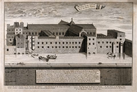 A 1750 engraving by G. Virtue of the Savoy estate after it was rebuilt as a church and hospital.