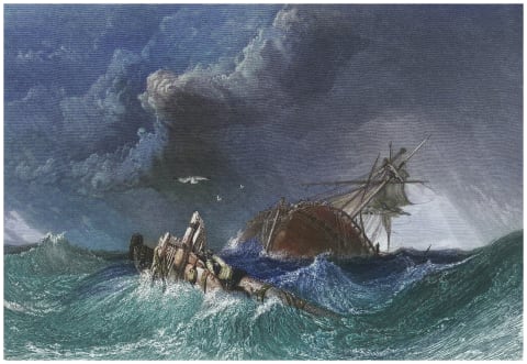 A storm approaches on a ship's weather side in this 19th-century illustration by Clarkson Frederick Stanfield.