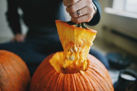 Even though it's commonly done, Evan says you should aim to avoid cutting the pumpkin open from the top. 