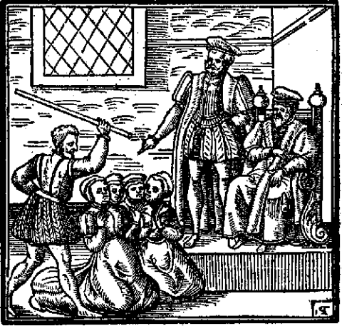 James VI and his counselors interrogate a group of suspected witches in an illustration from James's treatise 'Daemonologie' (1597)