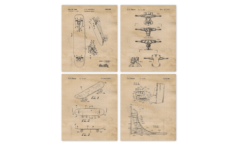 Vintage Skateboard Patent Prints, 4 (8x10) Unframed Photos