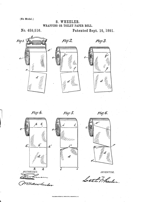 The original patent indicating proper toilet paper roll orientation.