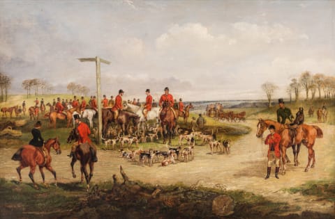 A painting of a fox hunt.