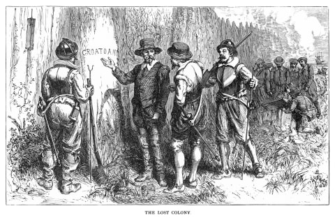 An illustration of John White with the colonists‘ clue by William L. Sheppard.