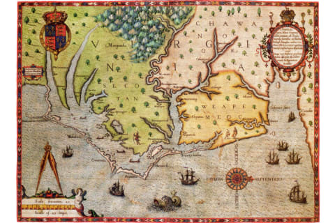 Theodor de Bry‘s ‘The Carte of All the Coast of Virginia,’ based on a map made by John White and published in 1588.