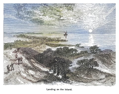 An illustration of the colonists‘ arrival at Roanoke.