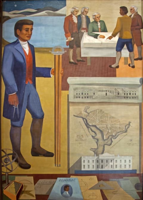 Detail of ‘Benjamin Banneker: Surveyor-Inventor-Astronomer,’ a 1940s mural by Maxime Seelbinder, at D.C.'s Recorder of Deeds building.