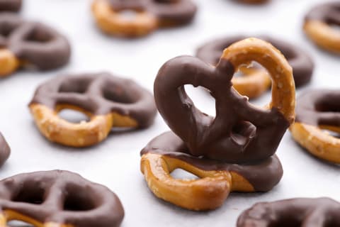 Chocolate covered pretzels are a very tasty treat.