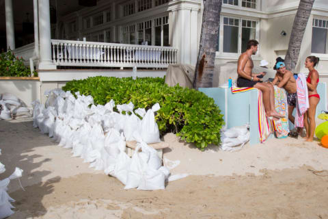 Sandbags are ready ahead of a storm's expected landfall in Hawaii.