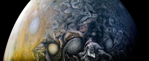 A color-enhanced view of Jupiter's cloud layers taken by the Juno spacecraft in 2018.