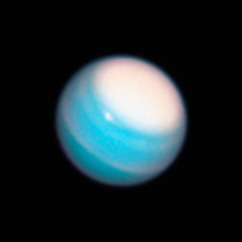 This Hubble Space Telescope's image of Uranus, taken in November 2018, reveals a vast, bright stormy cloud cap across the planet's north pole.