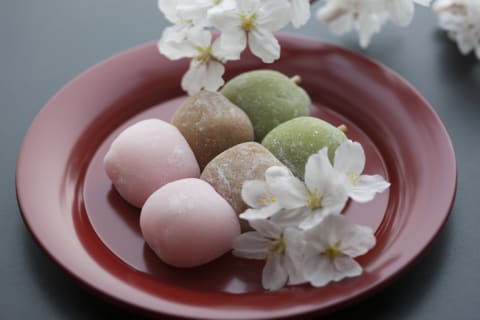 Japanese sweets with cherry blossoms.