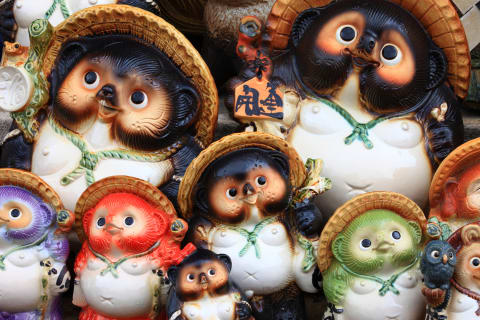 Raccoon dog (tanuki) statues in Japan.