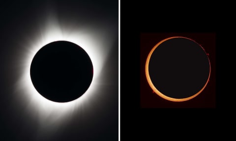 A hybrid solar eclipse is a combo of a total eclipse (left) and an annular eclipse (right).