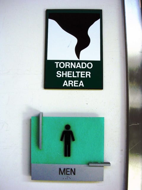 A restroom at Oklahoma City's Will Rogers World Airport doubles as a tornado shelter.