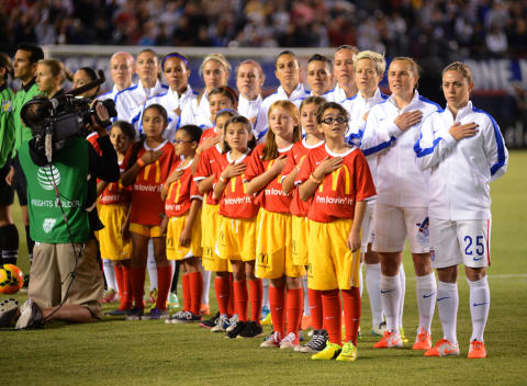 The U.S. women's national team before a 2014 friendly against China.