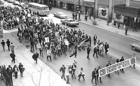 Cleveland State University students march on Earth Day in 1970.