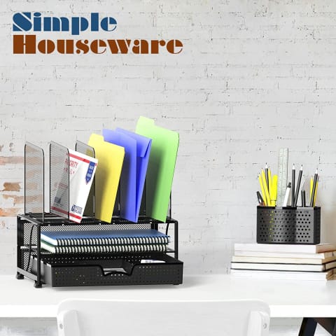 Simple Houseware Mesh Desk Organizer with Sliding Drawer, Double Tray and 5 Upright Sections