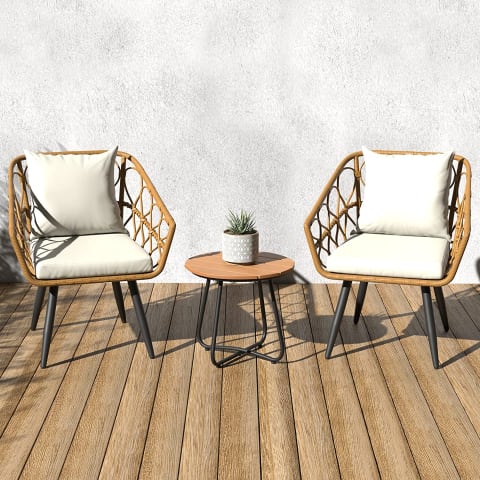 Amazon Basics Outdoor All-Weather 3-Piece Woven Faux Rattan Chair Set With Cushions and Side Table