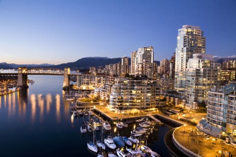 The Vancouver skyline at dusk.