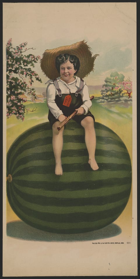 An early 20th-century advertisement showing a boy seated on a giant watermelon.