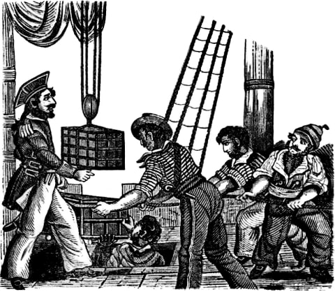 Avery receives three chest of treasure on board his ship ‘Fancy’ in this 1837 woodcut.