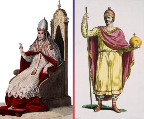 The supposed co-conspirators: Pope Sylvester II (left) and Holy Roman Emperor Otto III (right).