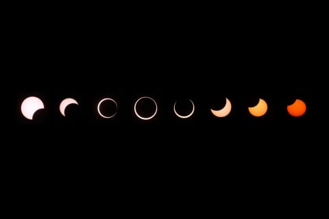 A composite image showing the phases of an annular solar eclipse in 2012.