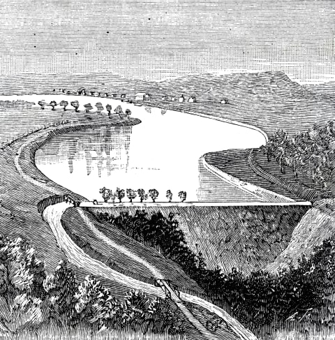 Drawing of the South Fork Dam before the disaster.